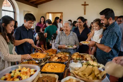Hispanic Families Sharing Meal in Fellowship Hall