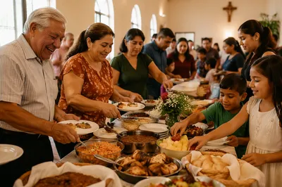 Hispanic Families Sharing Potluck Meal Indoors