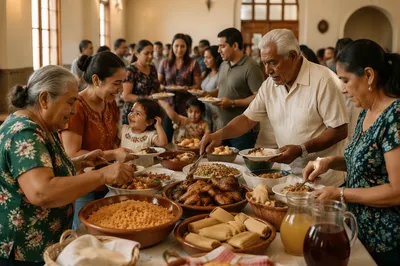 Hispanic Families Gathering Around Potluck Table