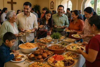 Hispanic Families Sharing Meal in Fellowship Hall