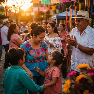 Joyful Hispanic Neighborhood Festival at Golden Hour