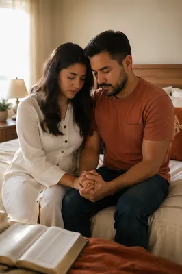 Hispanic Couple Holding Hands in Prayer