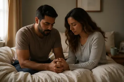 Hispanic Couple Praying on Bed at Dawn