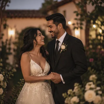 Joyful Hispanic Wedding Couple in Garden