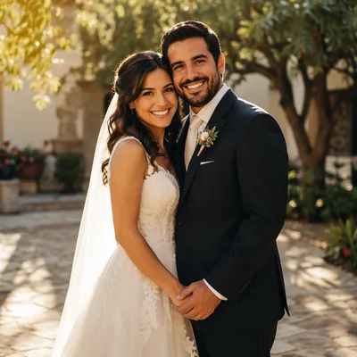 Joyful Hispanic Couple Wedding Portrait Outdoors