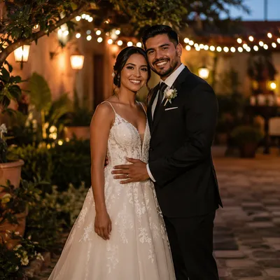 Joyful Hispanic Couple Wedding Garden Portrait