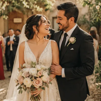 Joyful Hispanic Wedding Couple in Garden