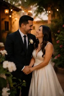 Joyful Hispanic Wedding Couple in Garden