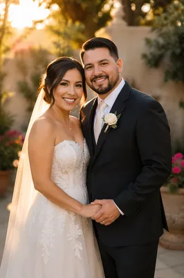 Joyful Hispanic Wedding Couple in Garden