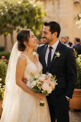 Joyful Hispanic Wedding Couple in Garden