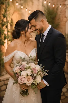 Joyful Hispanic Wedding Couple in Garden
