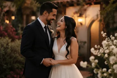 Joyful Hispanic Wedding Couple in Garden