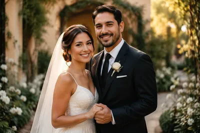 Joyful Hispanic Wedding Couple in Garden