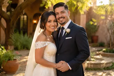 Joyful Hispanic Wedding Couple in Garden
