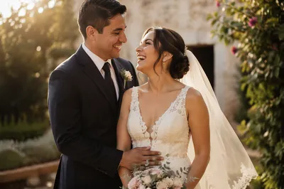 Joyful Hispanic Wedding Couple in Garden