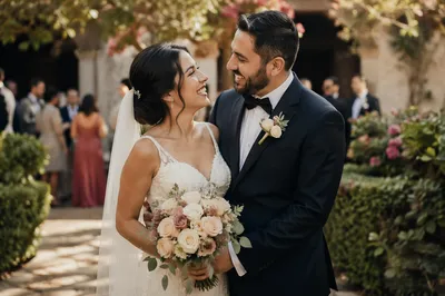 Joyful Hispanic Wedding Couple in Garden