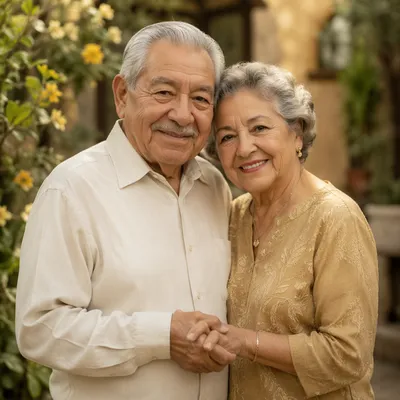 Elderly Hispanic Couple in Sunlit Garden