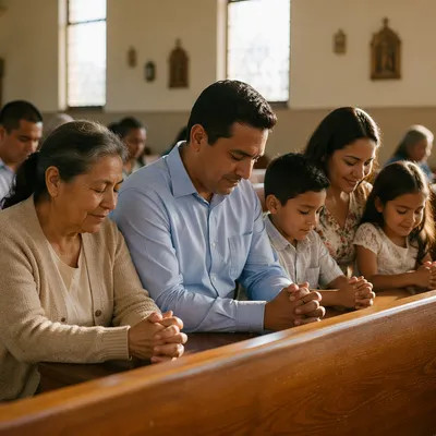 Hispanic Family Seated in Sunlit Chapel