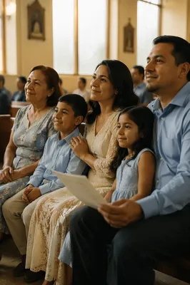 Hispanic Family Seated in Sunlit Chapel