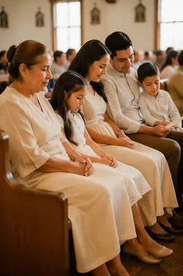 Hispanic Family Seated in Church Service
