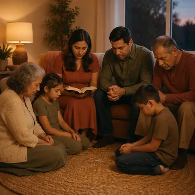 Hispanic Family Reading Bible in Living Room