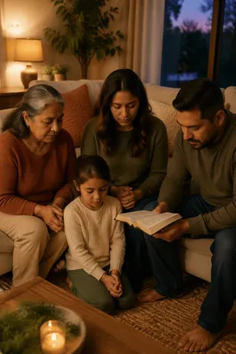 Hispanic Family Reading Bible in Living Room