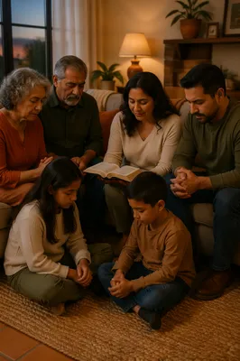 Hispanic Family Reading Bible in Living Room