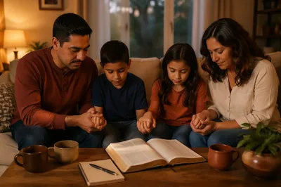 Hispanic Family Reading Bible in Living Room