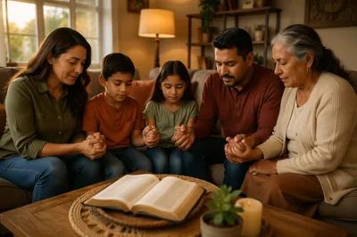 Hispanic Family Reading Bible in Living Room