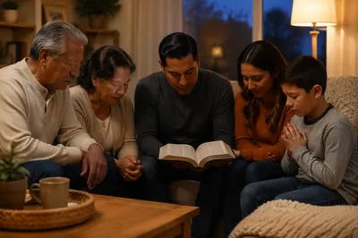 Hispanic Family Reading Bible in Living Room