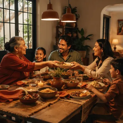 Hispanic Family Laughing Around Dinner Table