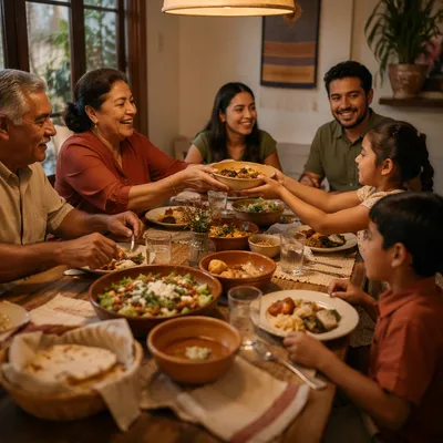 Multigenerational Family Laughing Around Dinner Table