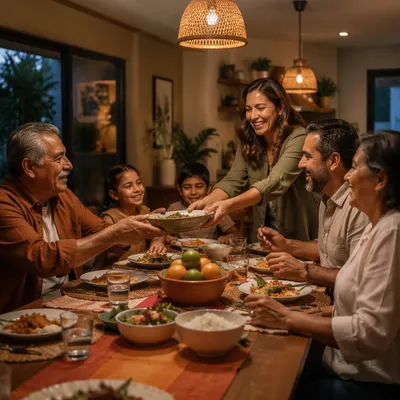 Multigenerational Family Laughing at Dinner Table