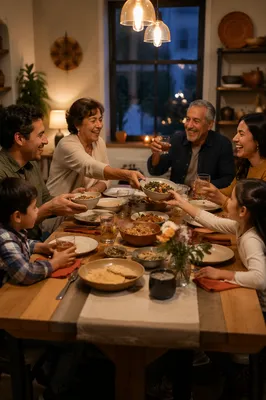 Multigenerational Family Laughing at Dinner Table