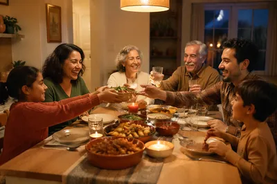 Hispanic Family Laughing Around Dinner Table