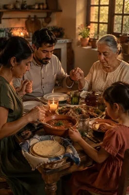 Hispanic Family Holding Hands Before Dinner