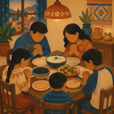 Hispanic Family Prayer at Dinner Table