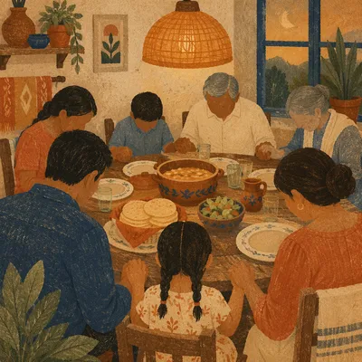 Hispanic Family Prayer Before Dinner Together