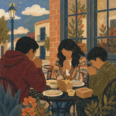 Hispanic Family Praying Before Outdoor Dinner