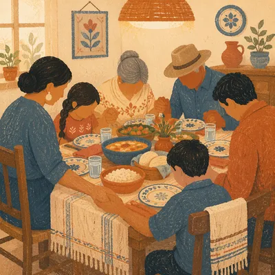 Hispanic Family Prayer Before Dinner Table