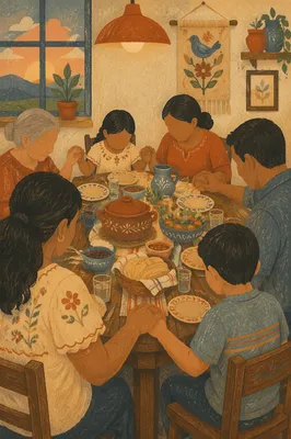 Hispanic Family Prayer Before Dinner Table