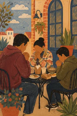 Hispanic Family Praying Before Dinner Outdoors