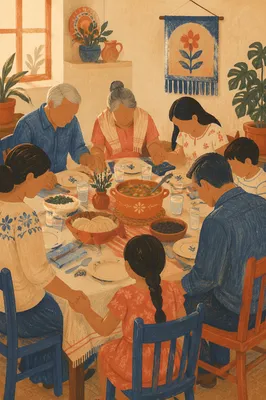 Hispanic Family Prayer Before Dinner