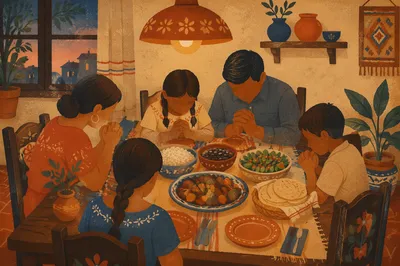 Hispanic Family Prayer Around Dinner Table