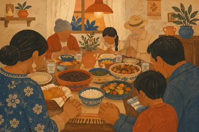 Hispanic Family Prayer Before Evening Dinner