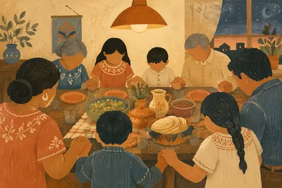 Hispanic Family Prayer Before Dinner Table