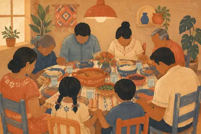 Hispanic Family Prayer Before Dinner Table