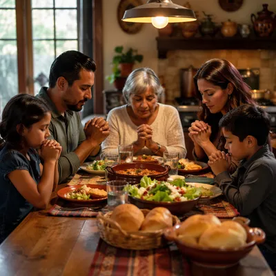 Hispanic Family Praying Before Dinner at Home