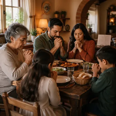 Hispanic Family Praying Before Dinner Together