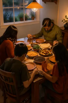 Hispanic Family Prayer Before Dinner Table